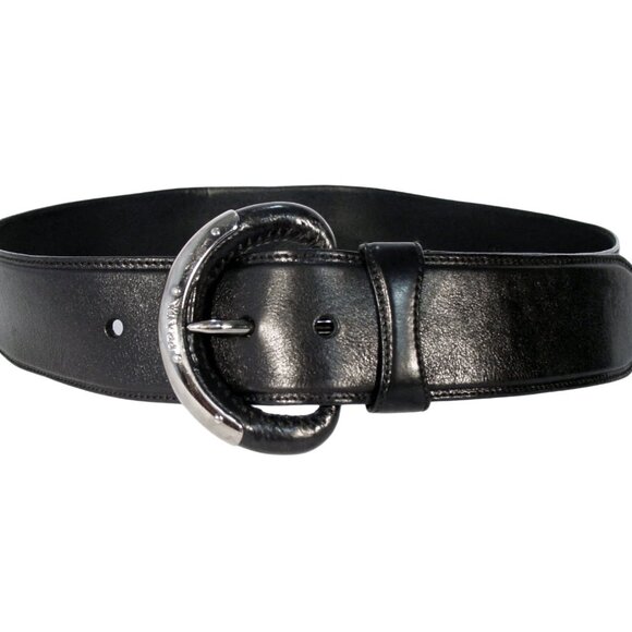 PRADA Wide Leather Belt #4258 Gunmetal Buckle Women's M/L 36/90 (32 - 36 in) - Picture 1 of 11